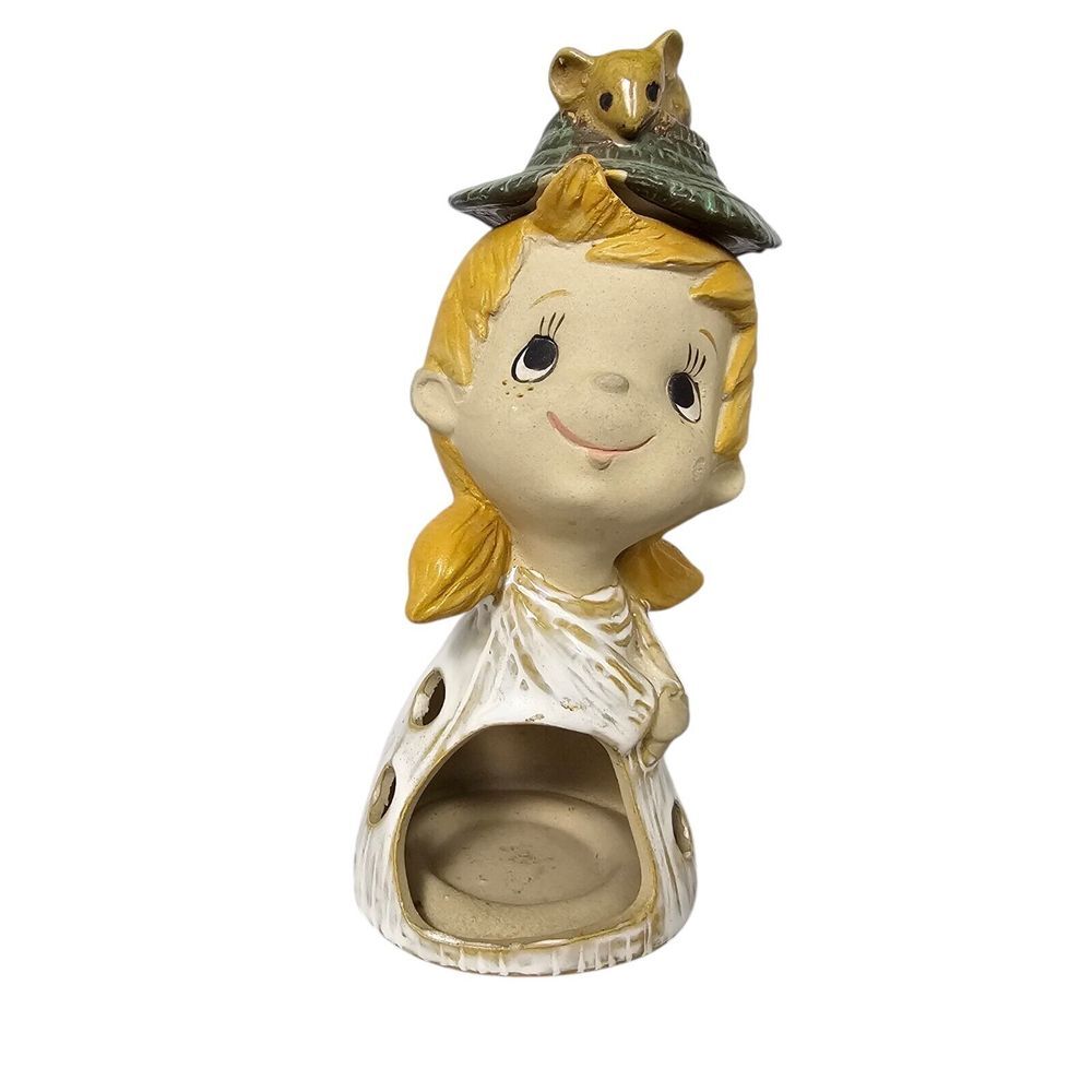 Vintage 70s Big Eye Girl Votive Candle Holder Lorrie Designs With Mouse Figurine